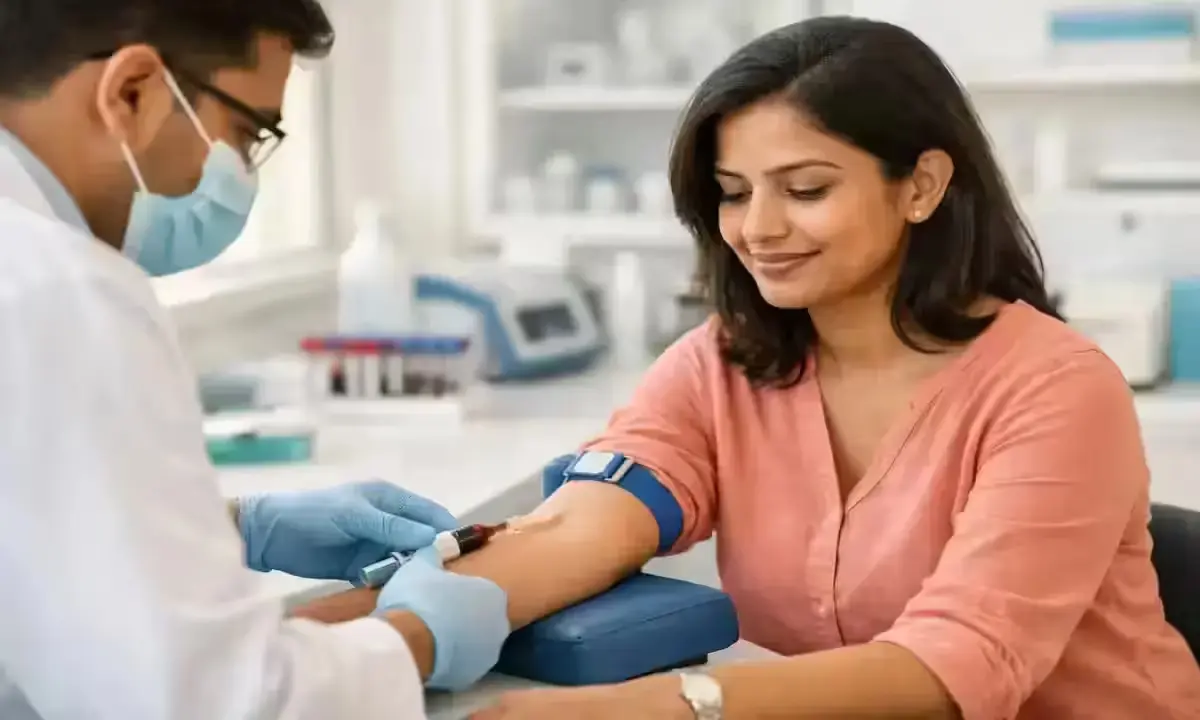 Indian woman getting Vitamin D screening blood test at pathology lab 2026