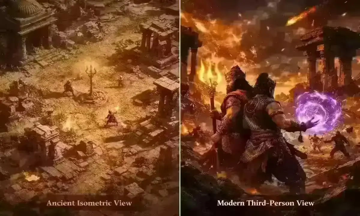 Raji Kaliyuga gameplay breakdown — isometric original vs third-person sequel camera comparison,
Indian mythology game 2026