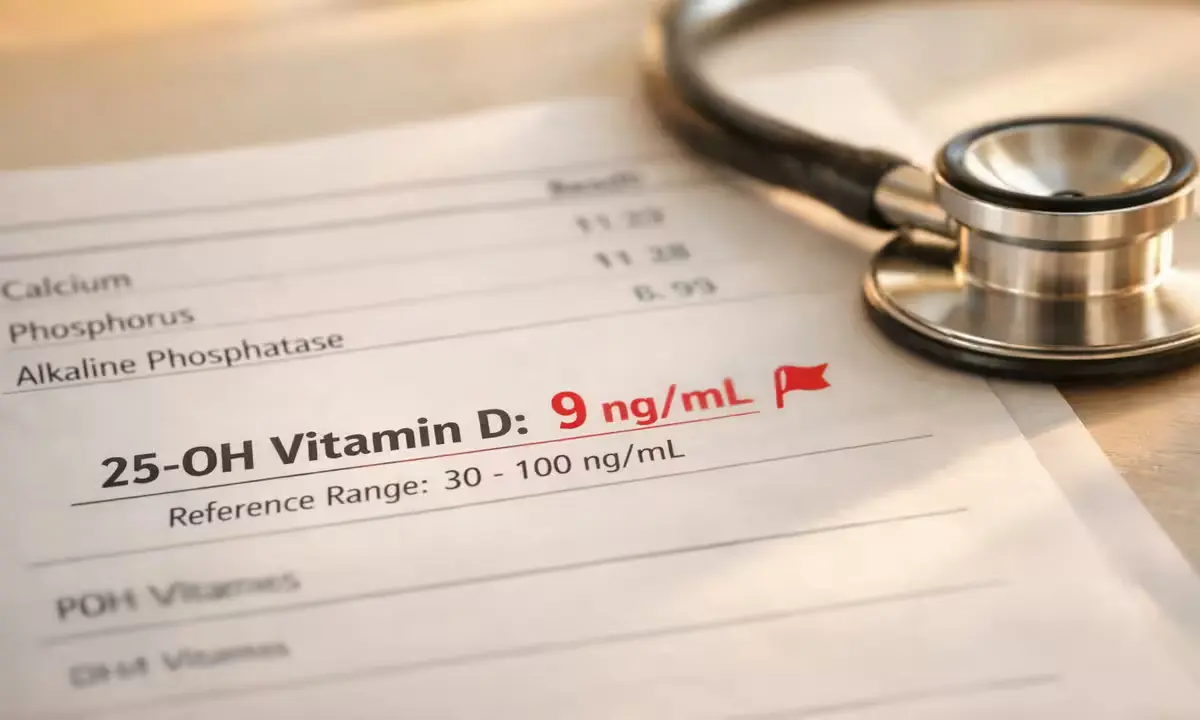 Vitamin D blood test report India 2026 showing deficient 25-OH D level of 9 ng/mL